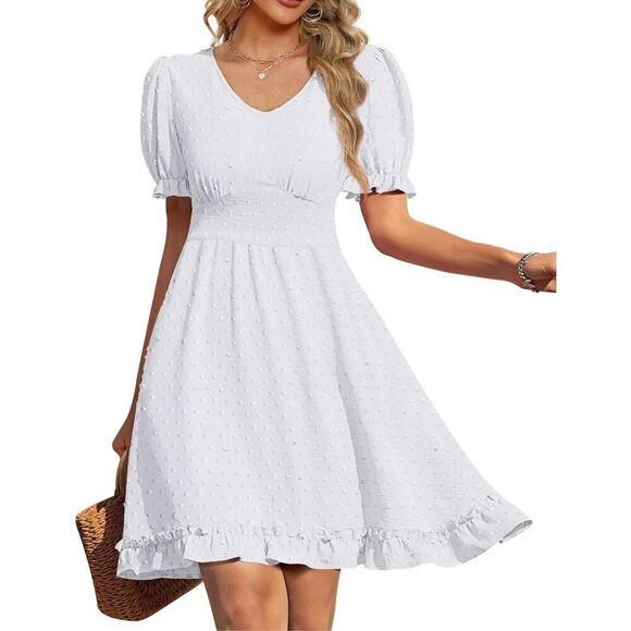 OFEEFAN Dresses & Skirts - NEW White V Neck Short Sleeve Swiss Dot Mini Dress Pockets M